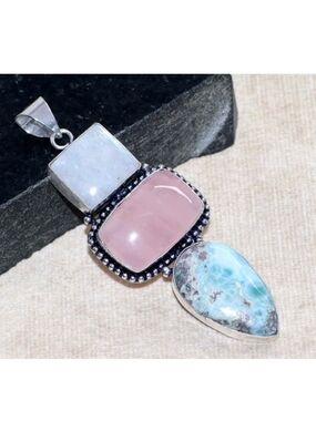 Larimar, Rose Quartz, Moonstone Gemstone 925 Sterling Silver Pendant Necklace